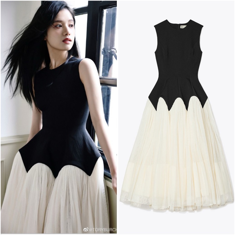 Tory Burch Black and Ivory Midi Fit-and-Flare Dress